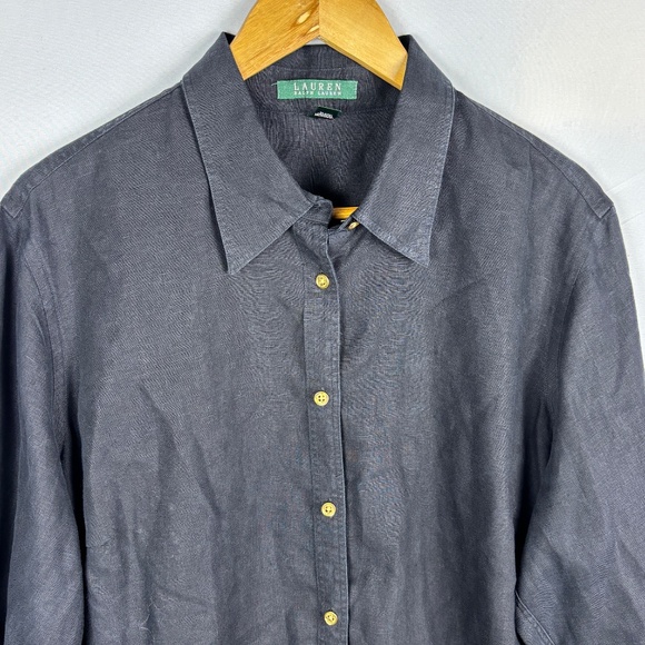 Lauren Ralph Lauren Women's Roll Tab Sleeve 100% Linen Shirt 2X Black Breathable - Picture 2 of 9